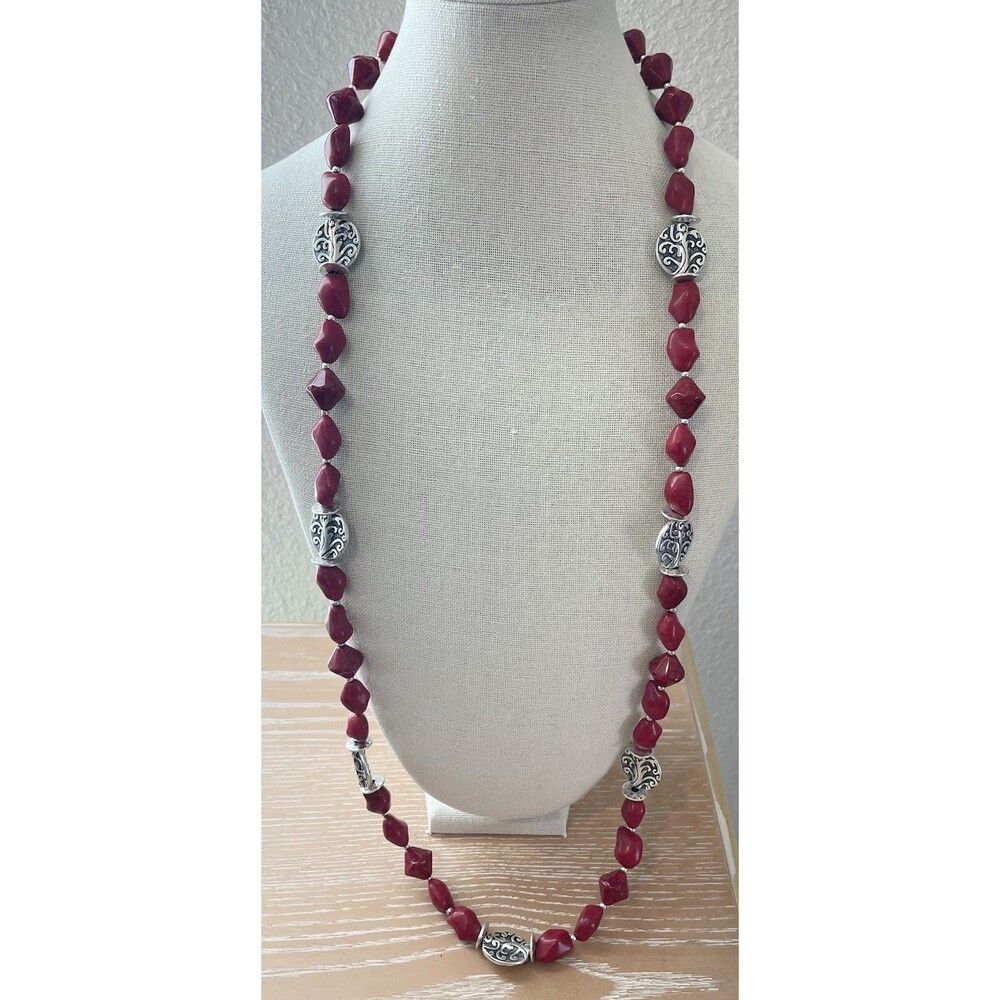 SALSA Premier Designs Red Marbled Silvertone Scroll Detail Long Necklace